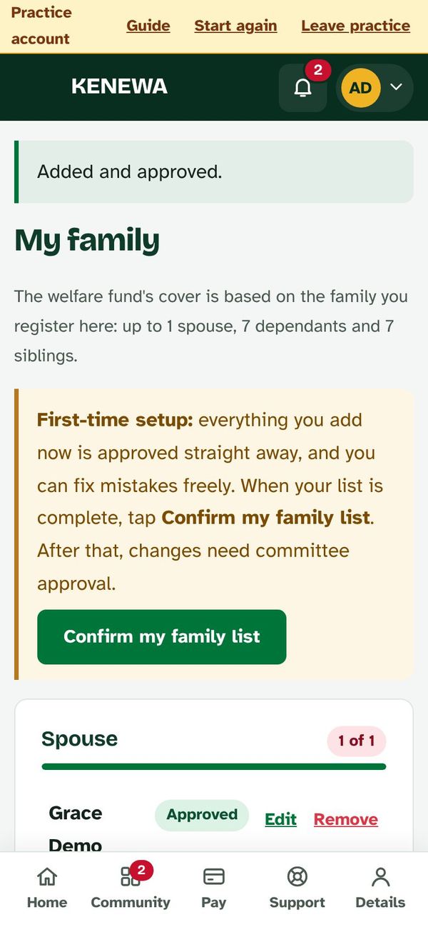 The My family page with a spouse added