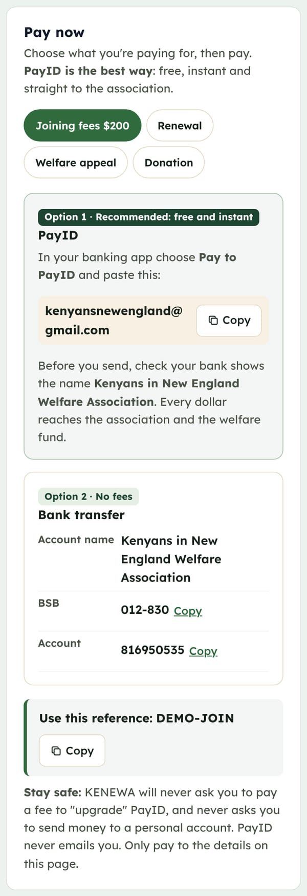 Pay page showing PayID as option 1, then bank transfer, and the payment reference