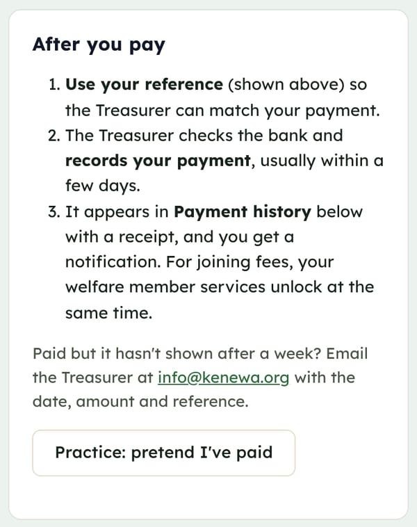 The After you pay box: use your reference, the Treasurer records the payment, and it appears in Payment history
