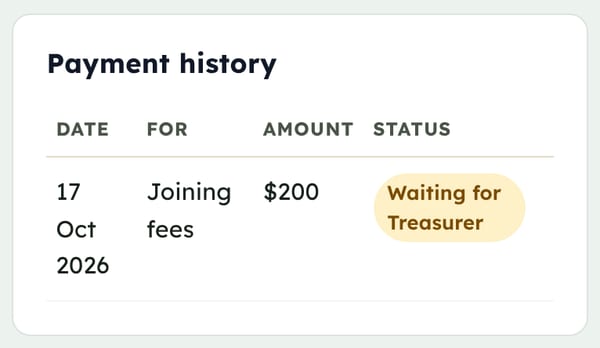 Payment history showing a payment waiting for the Treasurer