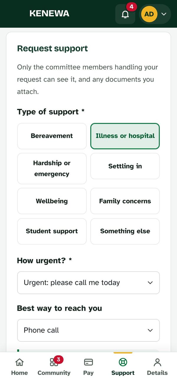 The Request support form