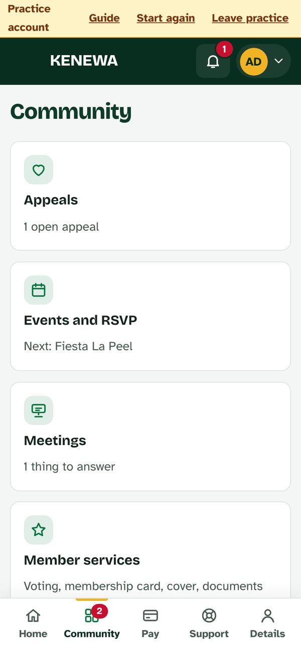 The Community menu with five tiles