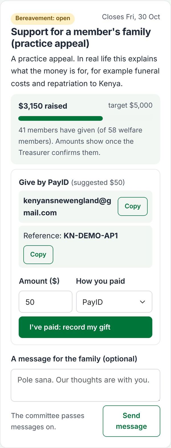 An open appeal with progress and PayID details