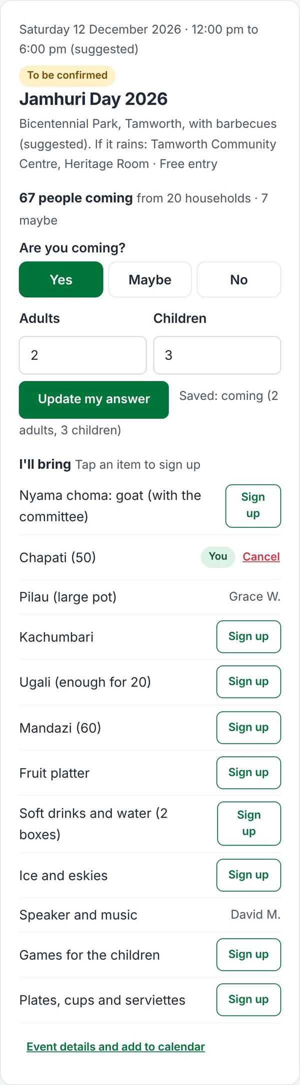Jamhuri Day RSVP with the I'll bring list