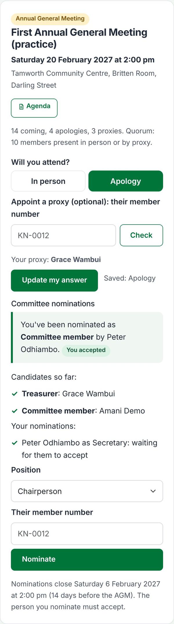 An AGM with attendance, proxy and nominations