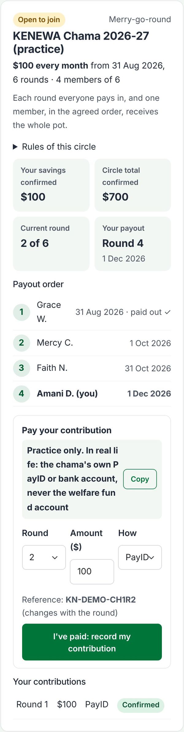 A chama circle with savings, payout order and the record form