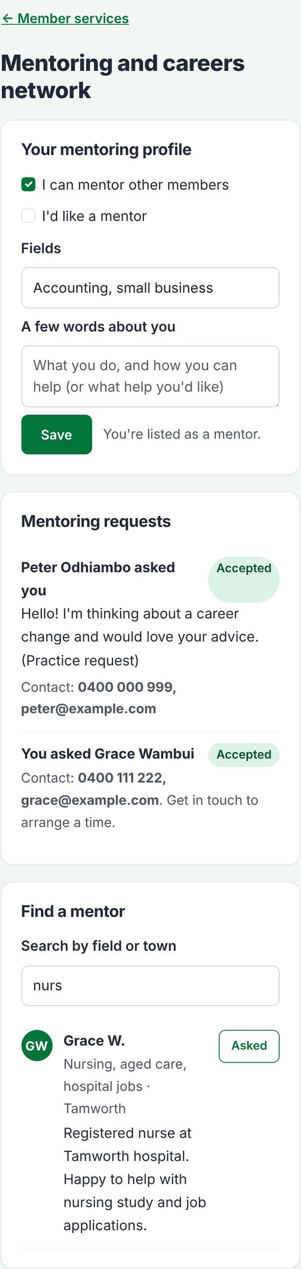 The mentoring page with requests and mentors