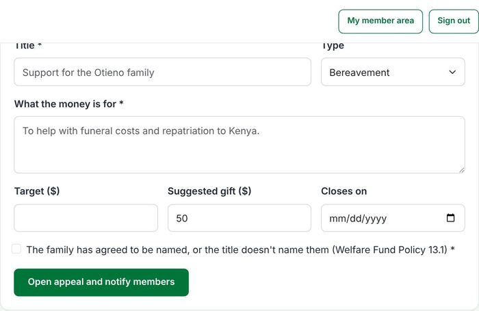The Open an appeal form