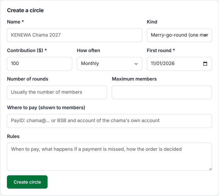 The Create a circle form