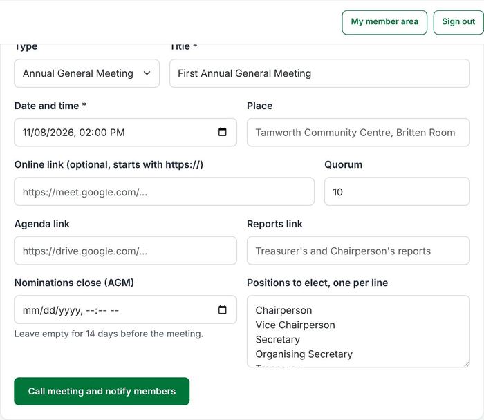The Call a meeting form