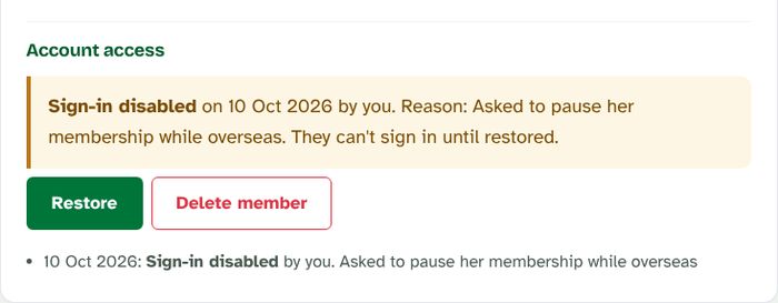 Account access for a member whose sign-in is disabled, with Restore and Delete buttons