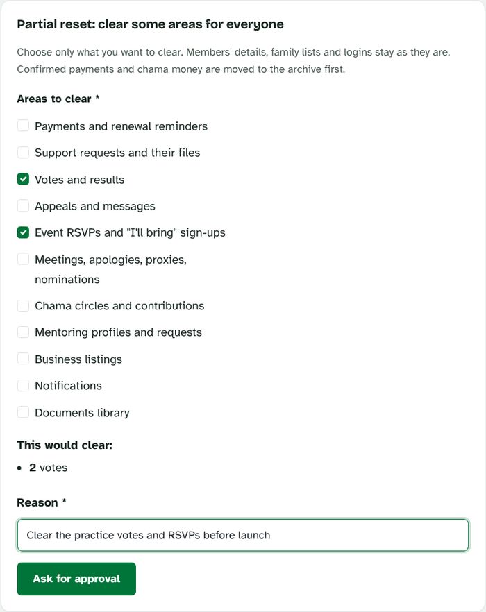 The partial reset form with areas to tick
